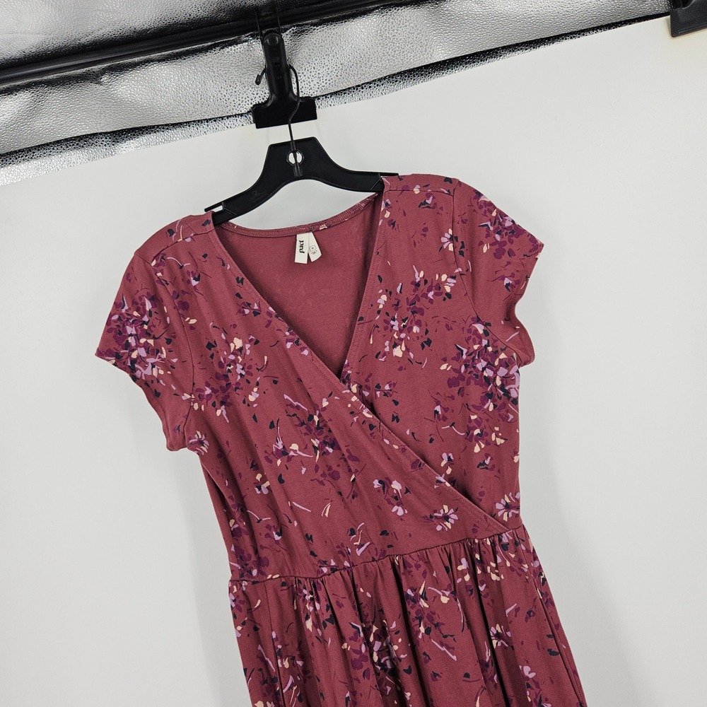 Pact Fit & Flare Crossover Dress Maroon Floral Short Sleeve Faux Wrap Mini Sz M - Picture 4 of 11